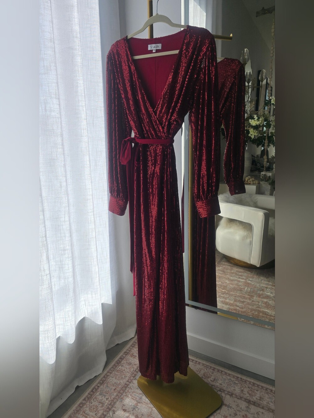 Sequin Wrap Maxi Dress in Deep Red.